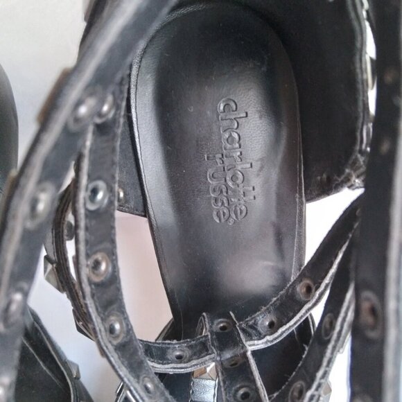 Black Pointed Toe 5 Brass Studded Strap Gladiator Style Stiletto Heels sz 7 - Picture 6 of 11